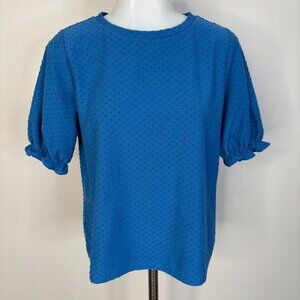 LOFT Top MP Blue Clip Dot Stretch Short Sleeve Medium Petite Women's